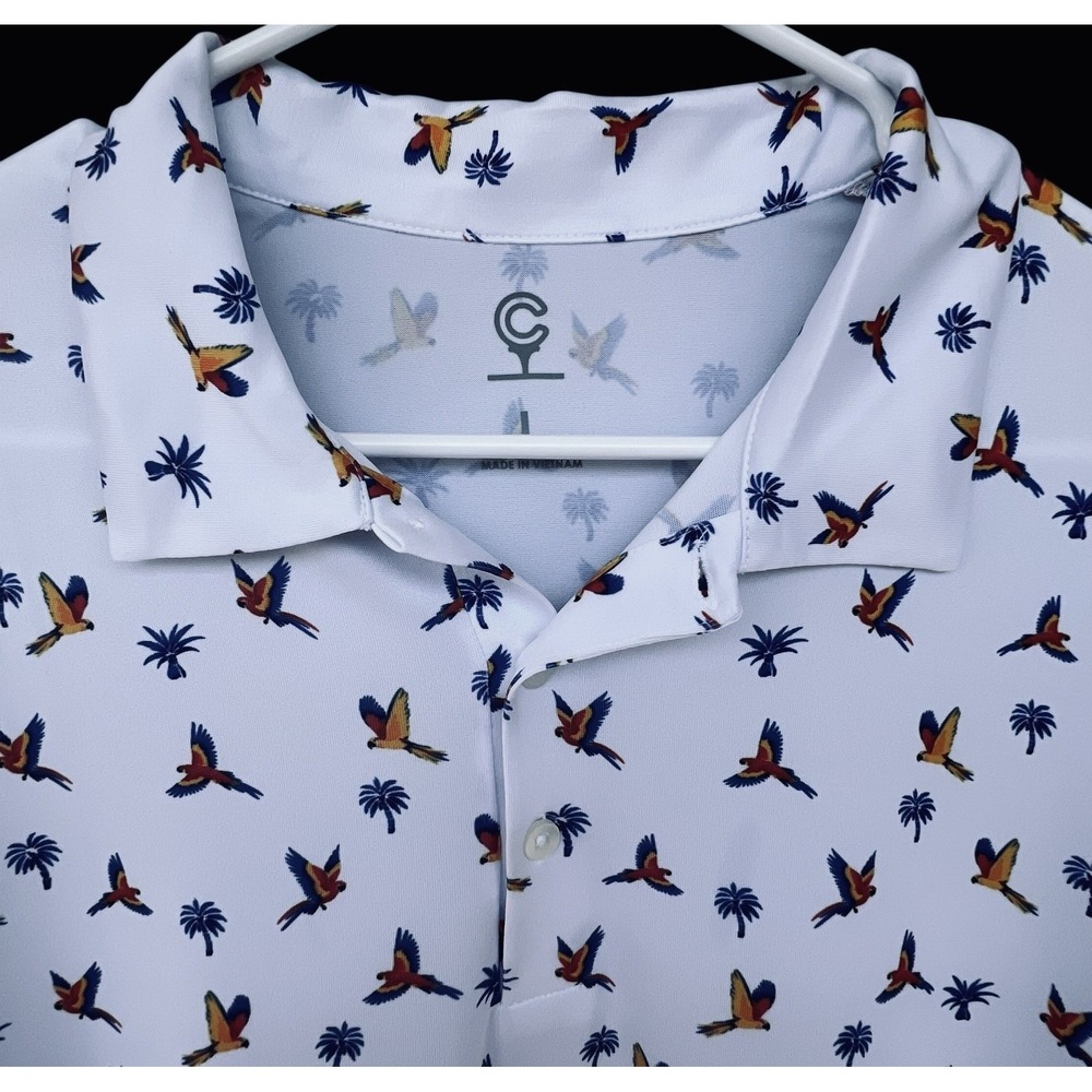 Caddy Cart Men's Golf Polo White w/Blue & Yellow Macaws Lightweight Large UPF 50